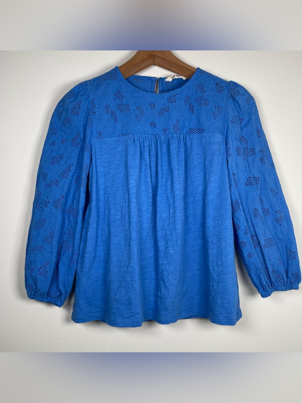 Boden Blouse Blue May Broderie Top Size 12 100% Cotton Cottagecore